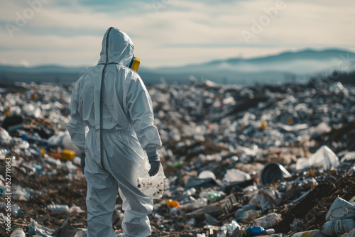 A man wearing a protective suit and a mask collecting garbage from a landfill