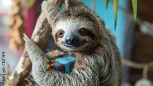 the adorable celebration as a baby sloth hangs from a branch, exploring a birthday gift with a leisurely and content expression