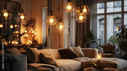 the charm of a vintage-inspired living room with the warm light of Edison bulbs, evoking a timeless and cozy ambiance