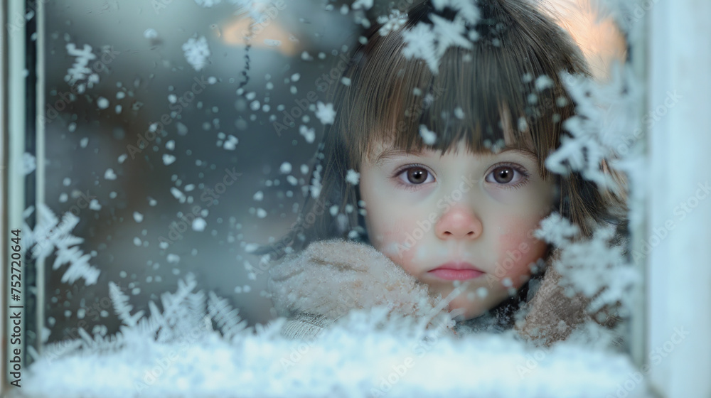 A female child looking out a window at the falling snow. A female child looking out a window at the falling snow.
