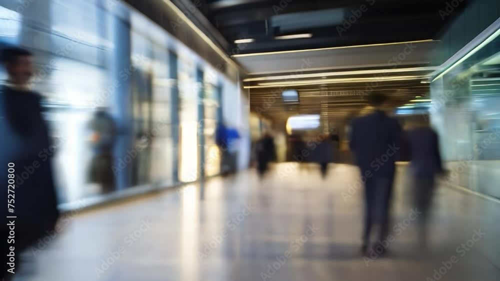 Crowd of people walking in an office wearing business suits. Long exposure, blurred silhouettes of people, background for text Crowd of people walking in an office wearing business suits. Long exposure, blurred silhouettes of people, background for text