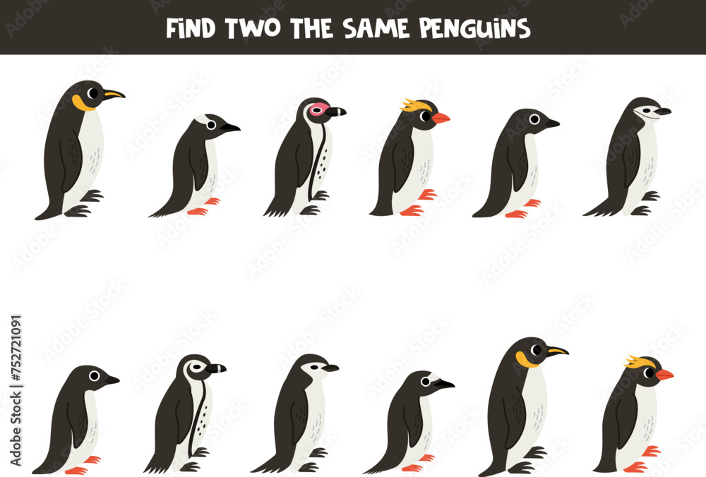 Find two the same penguins. Educational game for preschool children. - obrazy, fototapety, plakaty 