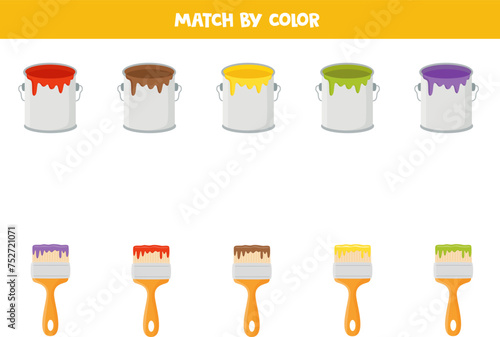 Color matching game for preschool kids. Match paint cans and paint brushes by colors.