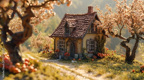 the enchanting scene of a miniature house in the middle of a blooming orchard  with fruit-laden trees and a clear sunny day