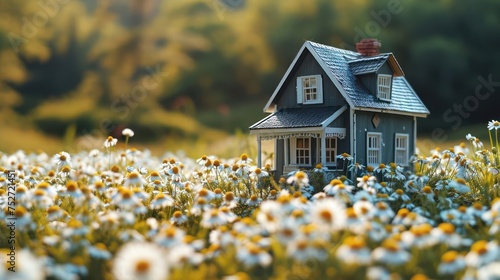 the essence of a peaceful countryside with a miniature house nestled in a field of chamomile flowers, releasing a calming aroma © Tina