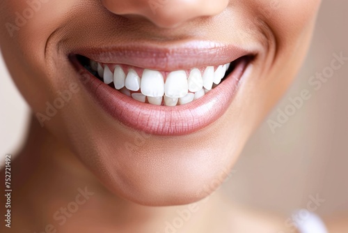 Close-Up of a Womans Smile Showcasing Straight White Teeth and Healthy Gums
