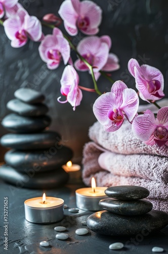 Tranquil Spa Setting With Orchids  Candles  and Stones on a Serene Evening