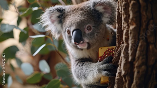 the happiness of a baby koala bear climbing a eucalyptus tree to reach a surprise birthday gift box