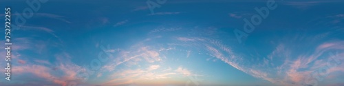 360 panorama of glowing sunset sky with bright Cirrus clouds. Seamless hdr spherical 360 panorama. Sky dome in 3D visualization  sky replacement for aerial drone panoramas. Weather and climate change.