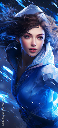 a snowy beautiful woman with tied hair running and smiling wearing bright sportswea, art background 9:20, ai generative photo