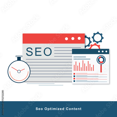 SEO analytics - Web browser window with search engine optimisation graphs, charts and diagrams showing growth and positive results. Semi flat design vector illustration 