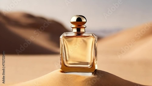 A bottle of glass transparent perfume stands on the sand in the desert against a background of sand dunes and clear sky. Concept perfume and cosmetics. Pleasant smell and selfcare. Mock up perfume photo