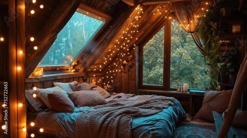 the serenity of a cozy attic bedroom bathed in the warm hues of string lights  creating a dreamy and comfortable retreat