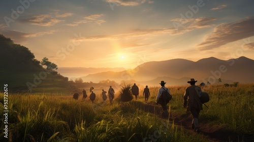 Rear view of a group of Farmers Returning from work in the Field after a hard day s work late at night at Sunset. Agriculture  Harvest  Working People concepts.