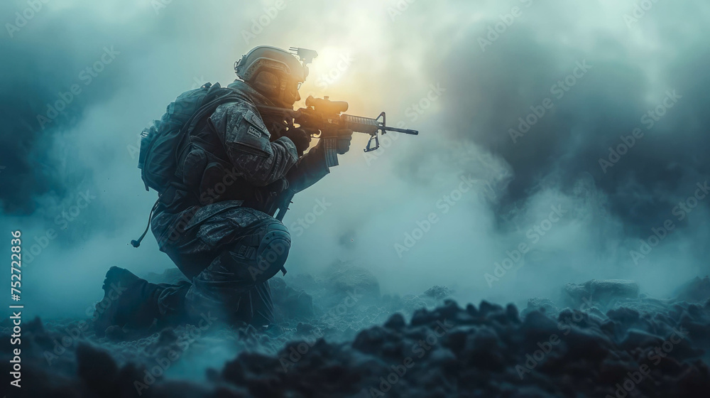 Special forces soldier in action. Special forces soldier in action on war foggy background. Selective focus - obrazy, fototapety, plakaty 