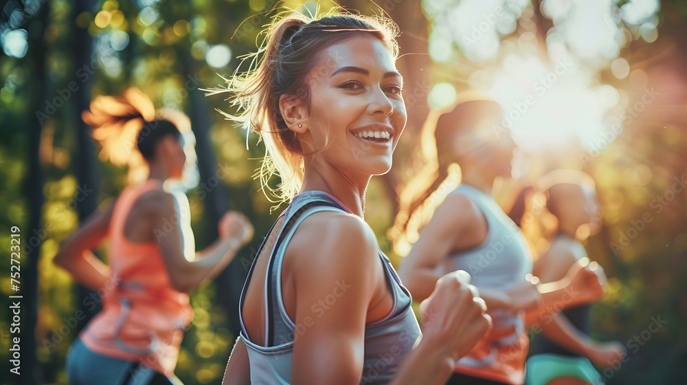 Woman exercising outdoors, face full of happiness