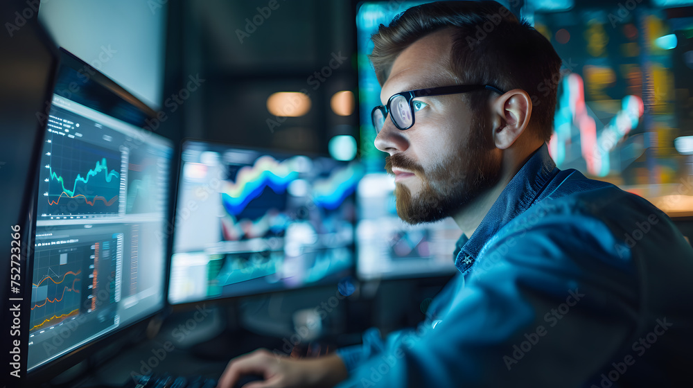 Investors look at a graph screen about investments. Investors look at a graph screen about investments.