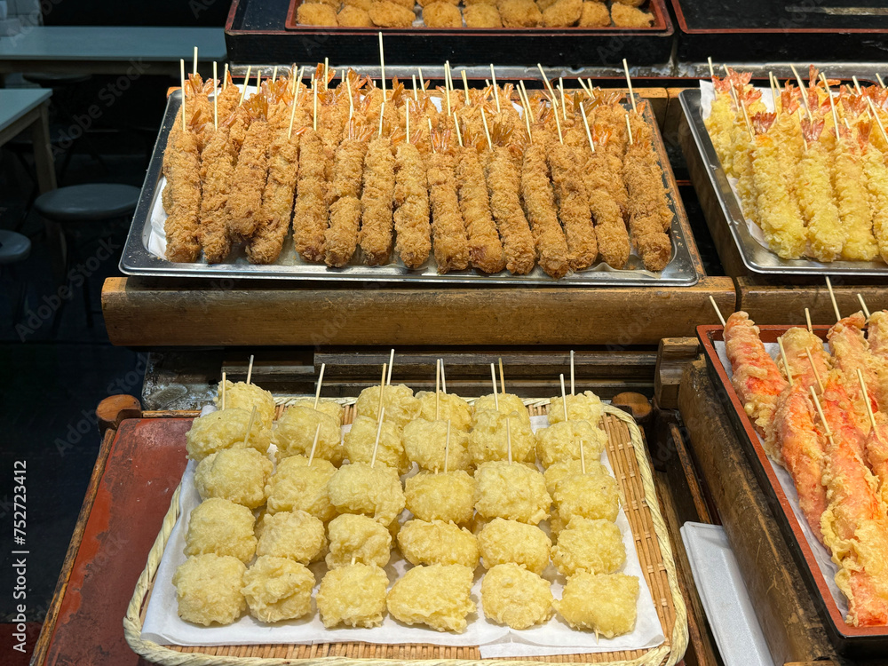 Fried shrimp on display at street food market
