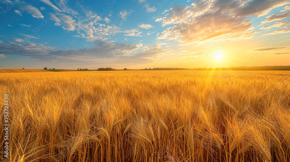 detailed and vibrant image of a vast wheat field, capturing the essence of a serene and bountiful harvest season. The field should be sprawling and golden, with tall stalks of wheat gently swaying und