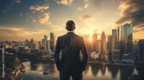 A Young Businessman Standing Front of a Beautiful Cityscape