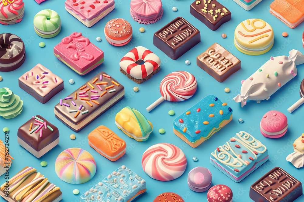 playful assortment of chocolates, gummies, and hard candies in a rainbow of colors, displayed on a clear blue surface playful assortment of chocolates, gummies, and hard candies in a rainbow of colors, displayed on a clear blue surface