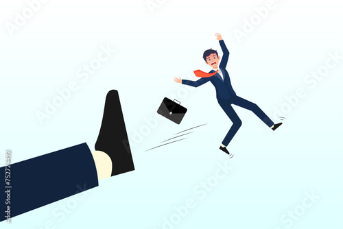 Angry giant boss kick fired businessman employee away form office, being fired from work, company lay off or underperform employee, business failure or mistake (Vector)