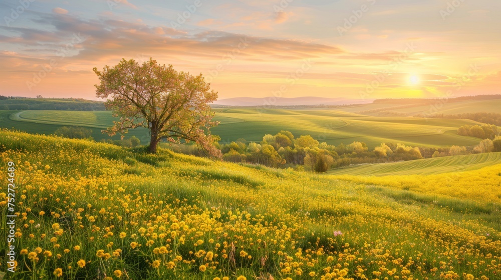Sunrise casting a golden glow over a vibrant spring meadow with blossoming flowers and a solitary tree.