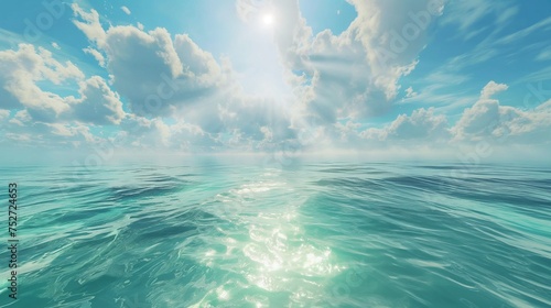 Sunlight dancing on the surface of a calm, aquamarine sea, merging seamlessly with the cloud-kissed heavens.