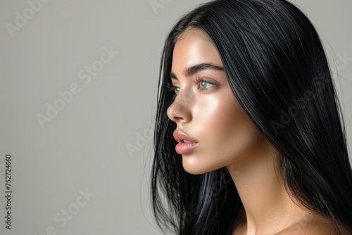 Beautiful brunette with neat hair and healthy skin, looking at the camera young beautiful model in the studio background. The concept of cosmetics
