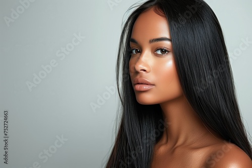 Beautiful brunette with neat hair and healthy skin, looking at the camera young beautiful model in the studio background. The concept of cosmetics