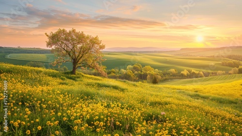 Sunrise casting a golden glow over a vibrant spring meadow with blossoming flowers and a solitary tree.