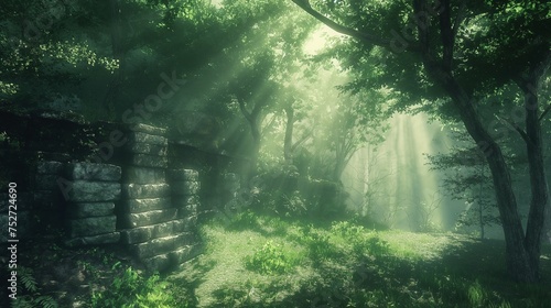 Sunlight filtering through dense foliage in an ancient forest.