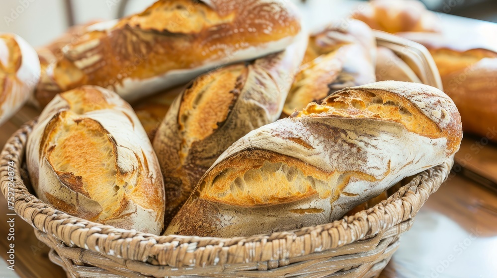 Fresh Bread Variety in Basket - Crisp, golden baguettes and rolls