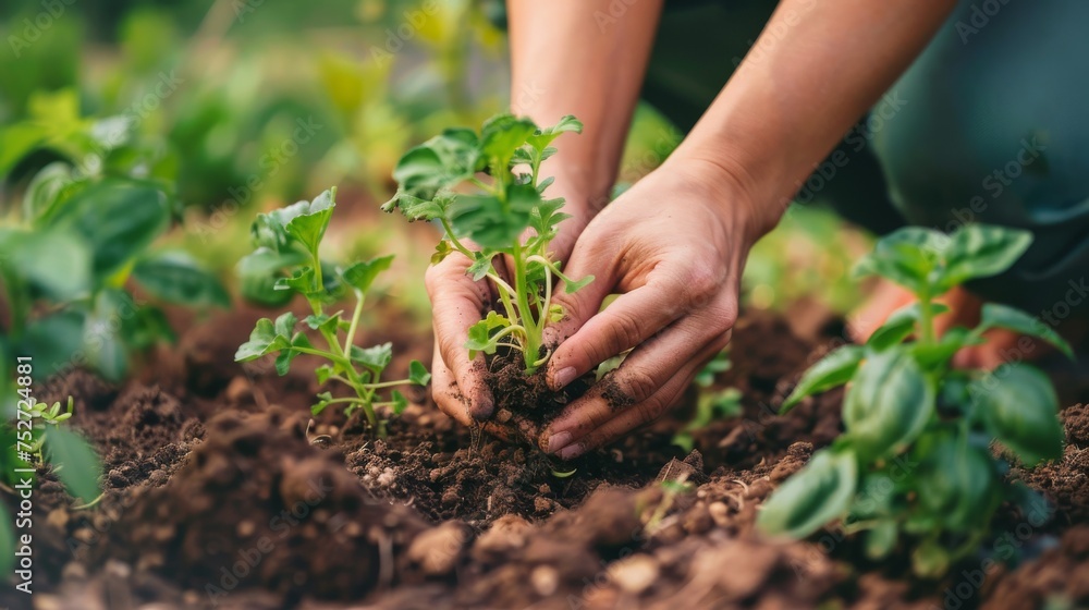 A gardener's hands are busy planting stevia, the natural sweetener, in a lush, organic garden soil, promoting sustainable agriculture. A gardener's hands are busy planting stevia, the natural sweetener, in a lush, organic garden soil, promoting sustainable agriculture.