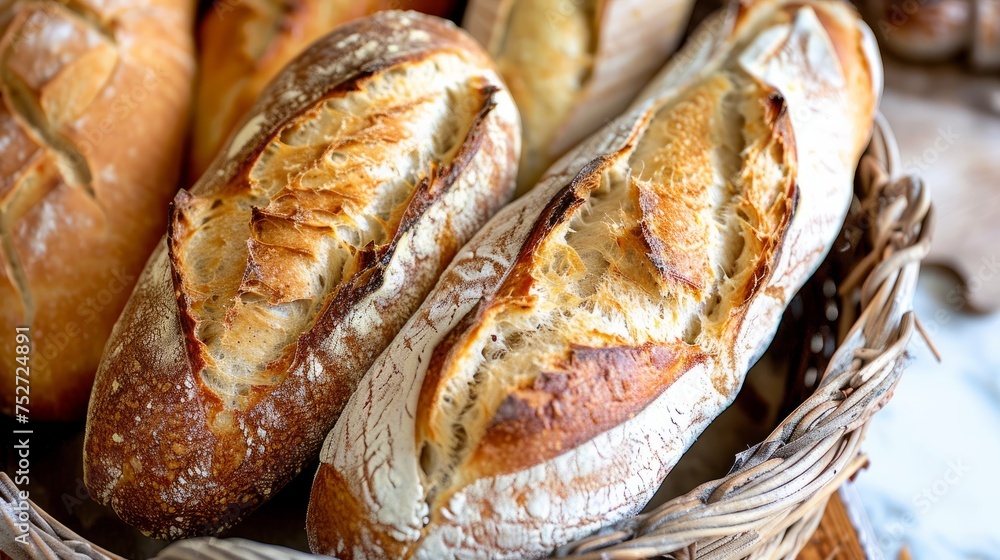 Rustic Baguettes in Wicker Basket - Freshly baked bread assortment