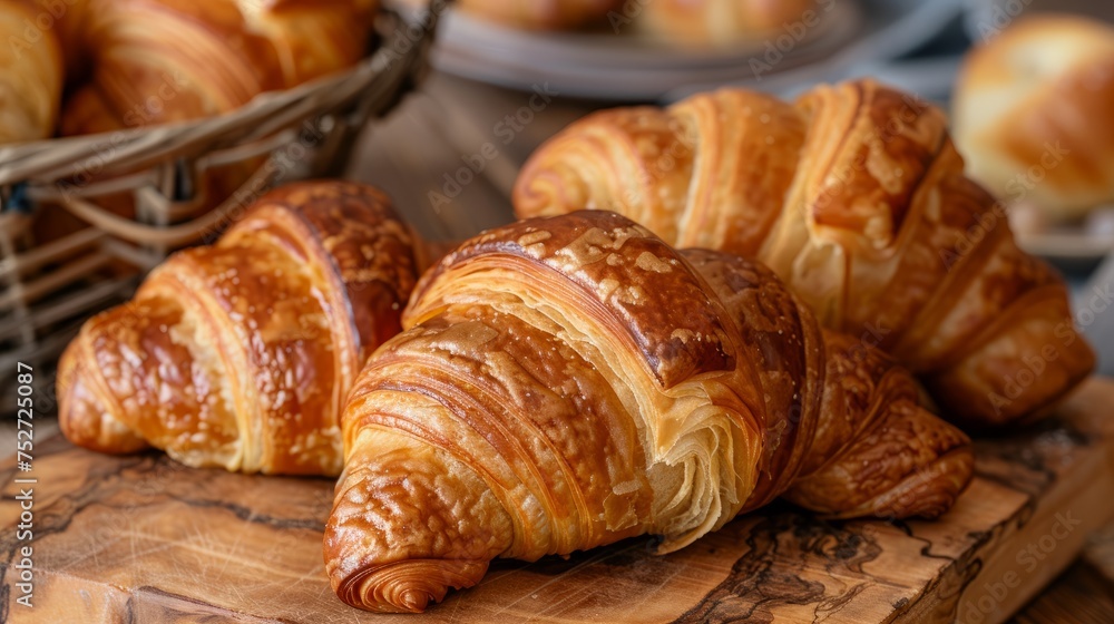 Freshly Baked Croissants Arranged on a Wooden Board