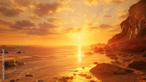 Sunset casting warm hues on a peaceful coastal scene. © The Images