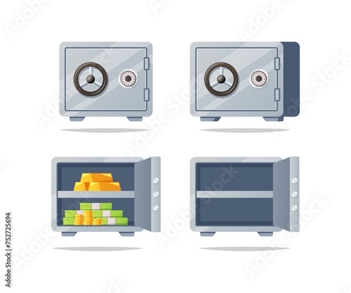 Metal safe deposit box. Safe box for money with open, closed door.