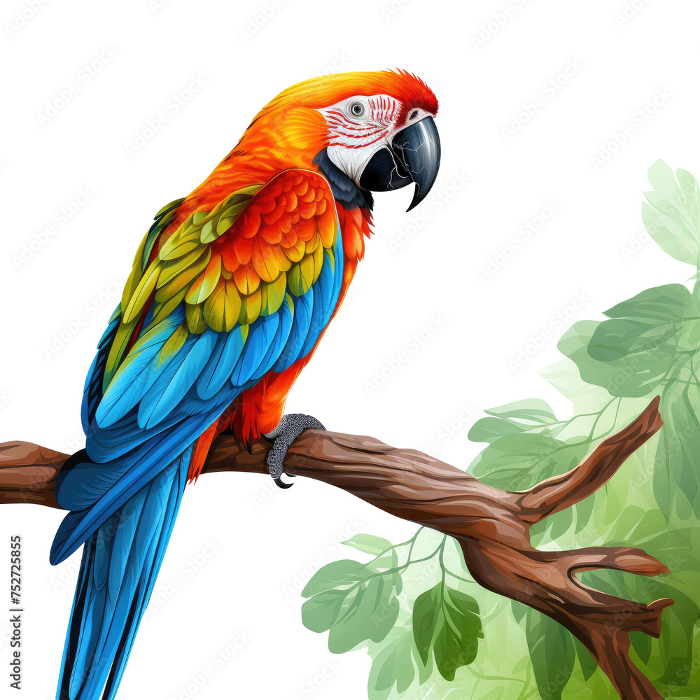  Macaw parrot on a branch isolated on transparent a white background