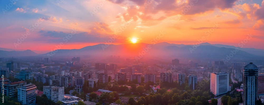 Sunset over Tirana capital city of Albania captured in an aerial panorama. Concept Aerial Photography, Cityscape, Sunset, Tirana, Albania - obrazy, fototapety, plakaty 
