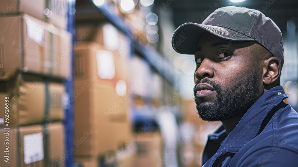 A man wearing a blue hat and a blue jacket is standing in a warehouse. He is looking at the boxes behind him A man wearing a blue hat and a blue jacket is standing in a warehouse. He is looking at the boxes behind him