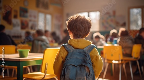 Young Boy with Backpack at School. Generative ai