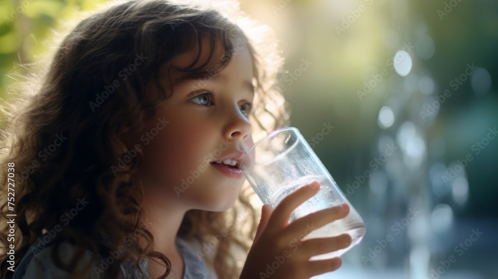 Young Girl Drinking Water in Sunlit Setting. Generative ai Young Girl Drinking Water in Sunlit Setting. Generative ai