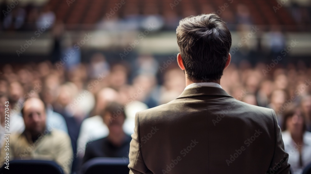 A speaker giving a lecture to an audience in an auditorium A speaker giving a lecture to an audience in an auditorium