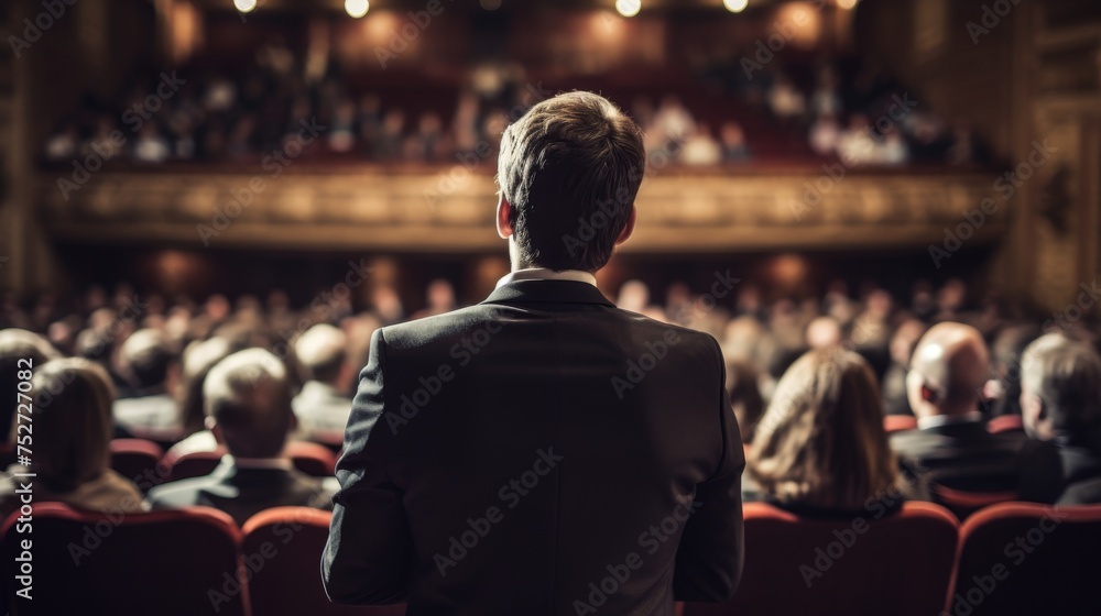 A speaker giving a lecture to an audience in an auditorium A speaker giving a lecture to an audience in an auditorium