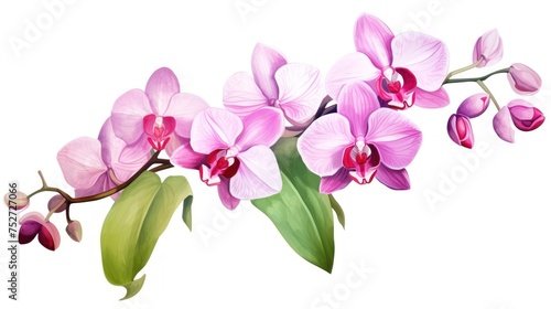 A bouquet of pink orchids with green leaves hand drawn watercolor. The flowers are arranged in a line, with the stems pointing upwards