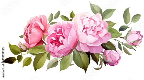 A bouquet of pink flowers with green leaves hand drawn watercolor. The flowers are arranged in a way that they look like they are growing out of a stem