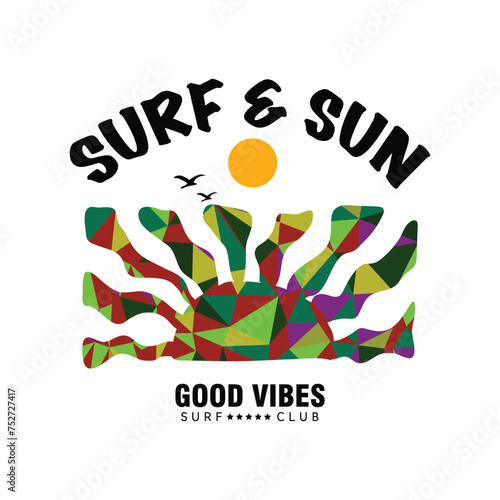 Vector illustration on the theme of surfing and surf. Sport typography, t-shirt graphics, print, poster, banner, flyer, postcard