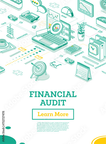 Financial Audit. Isometric Business Concept. Account Tax Report. Open Laptop with Documents. Calendar and Magnifier. Report Under Magnifying Glass. Calculating Balance.