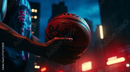 Basketball Player Holding the Ball in Urban Night Lights. Generative ai